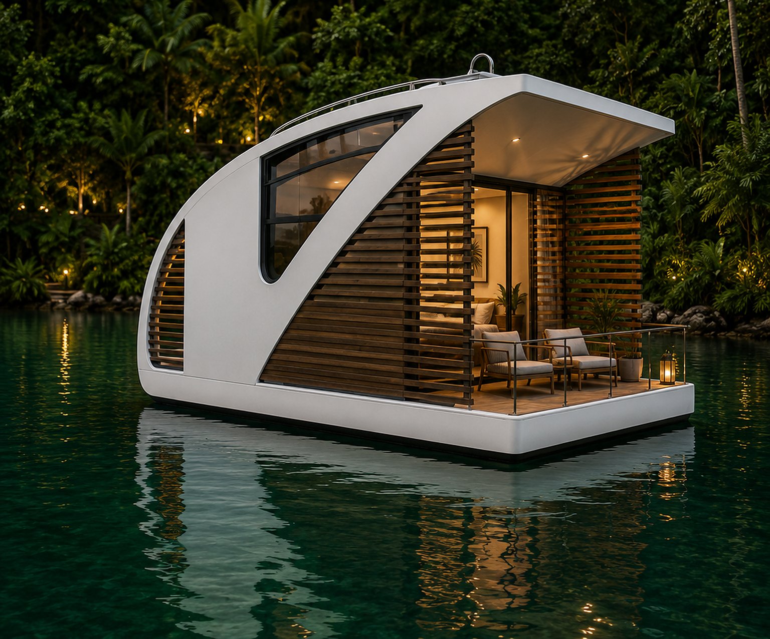 A single Marea – Floating Casita at dusk — curved white shell, hardwood louvres, warm interior light and a private deck at the waterline