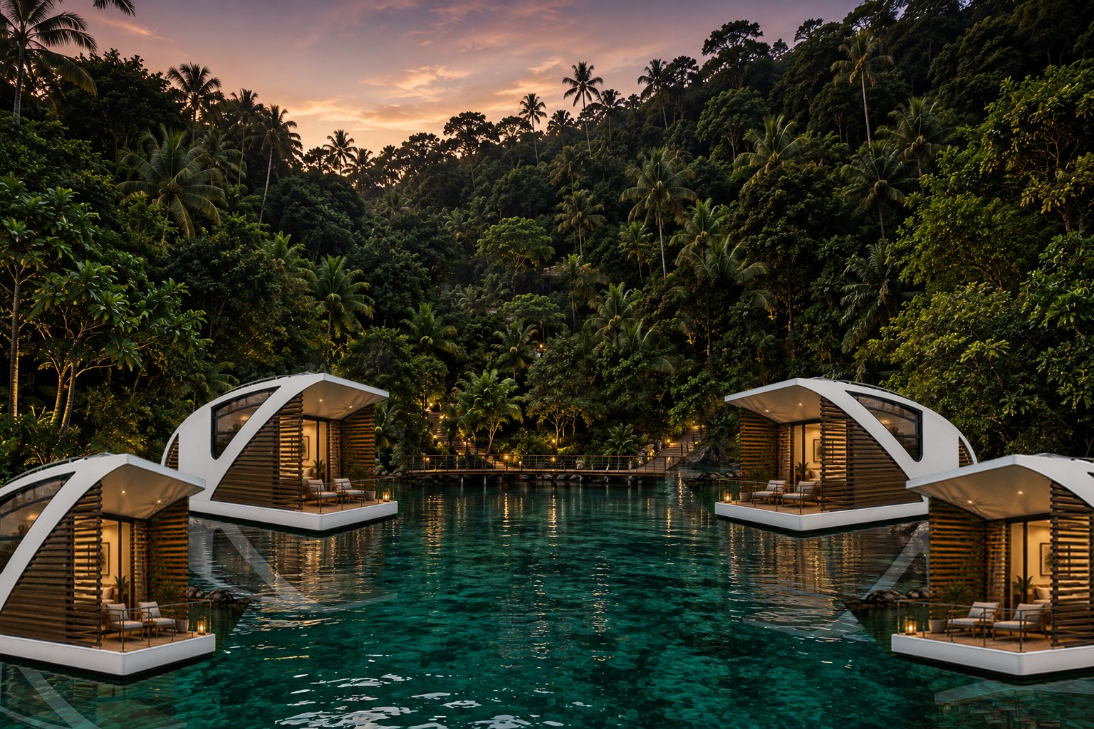 Four Marea – Floating Casitas moored either side of the turquoise cove at sunset, the lantern-lit crossing and rainforest hillside behind