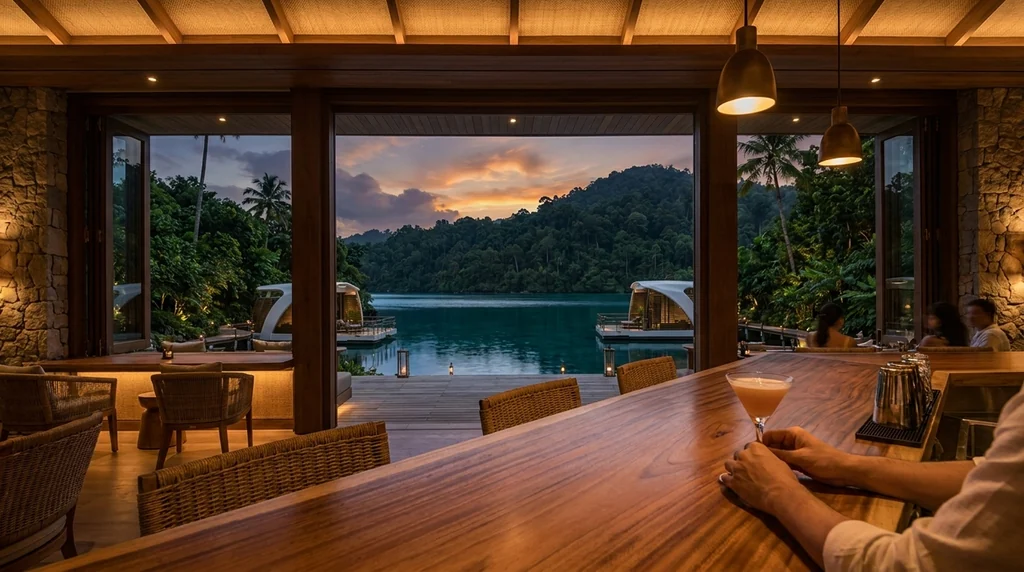 Inside the clubhouse bar at dusk, looking out past the timber counter to the Marea overwater bungalows on the bay