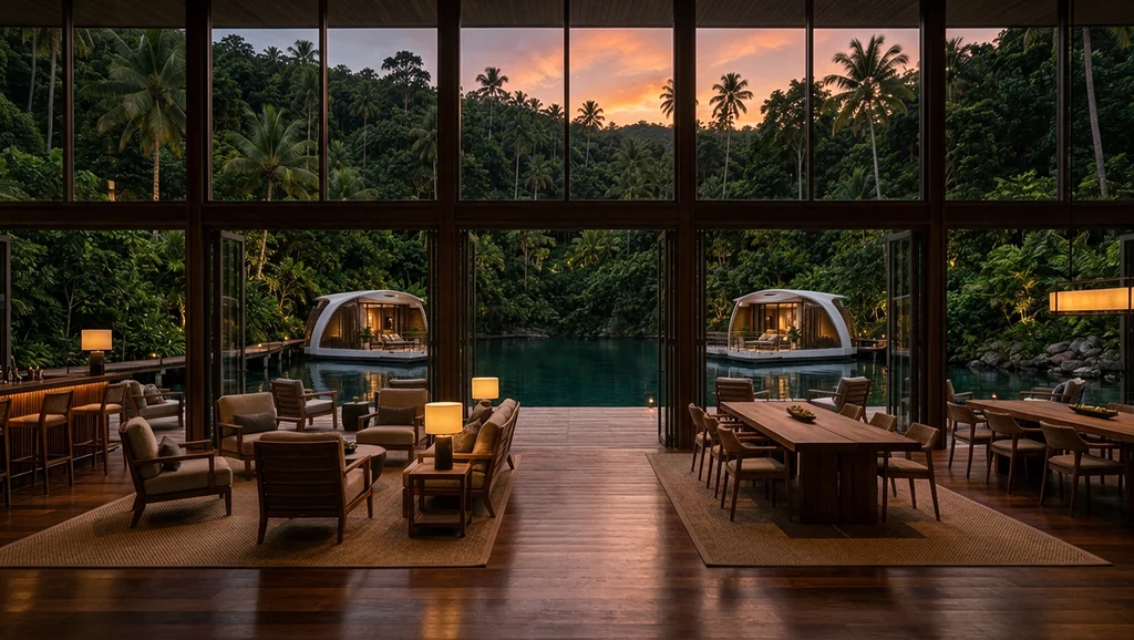 The clubhouse lounge and dining room at dusk, opening straight onto the bay with two overwater bungalows beyond