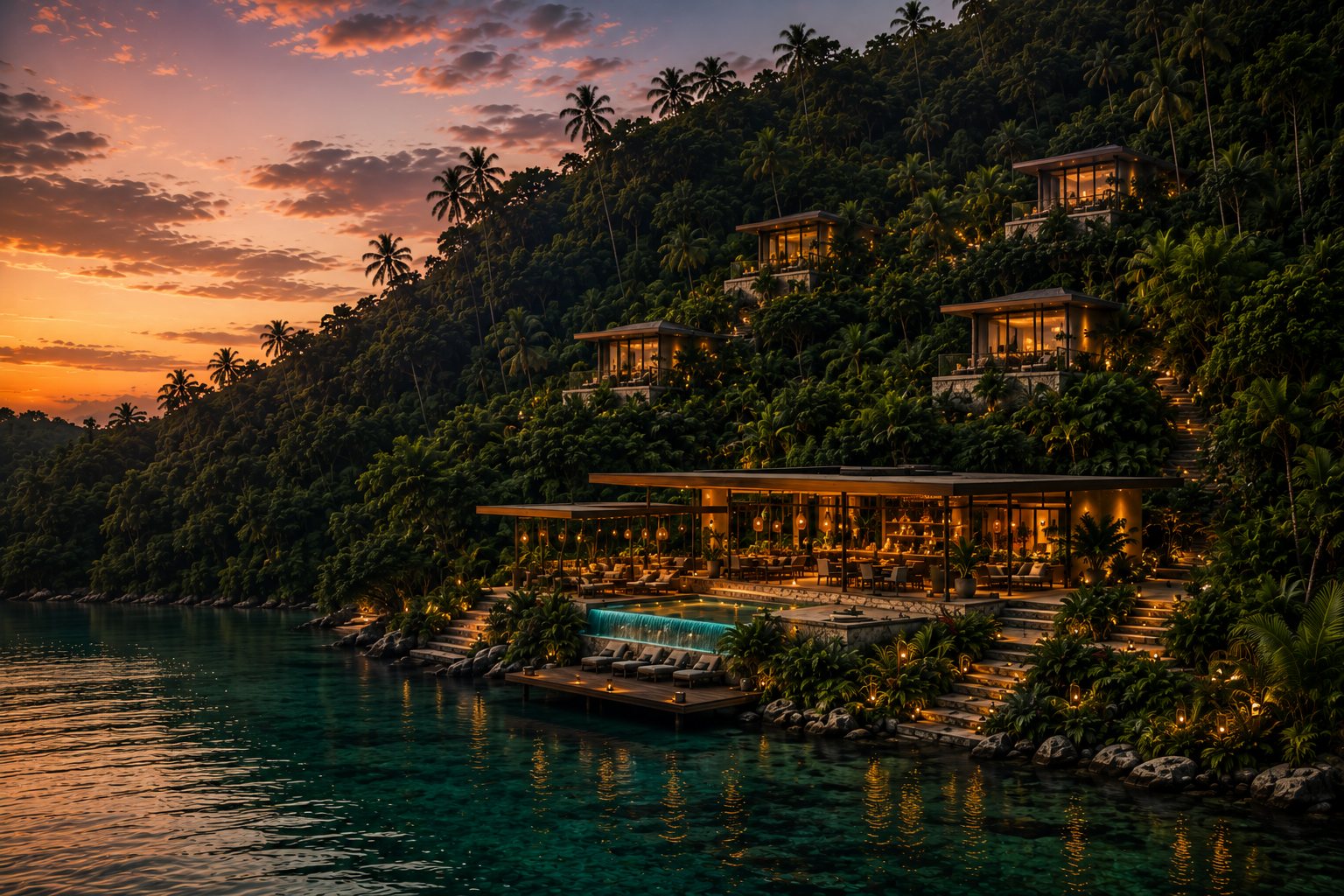 The open-air clubhouse at dusk with its large overhanging roof, warm interior glow, and the infinity pool in front facing the water