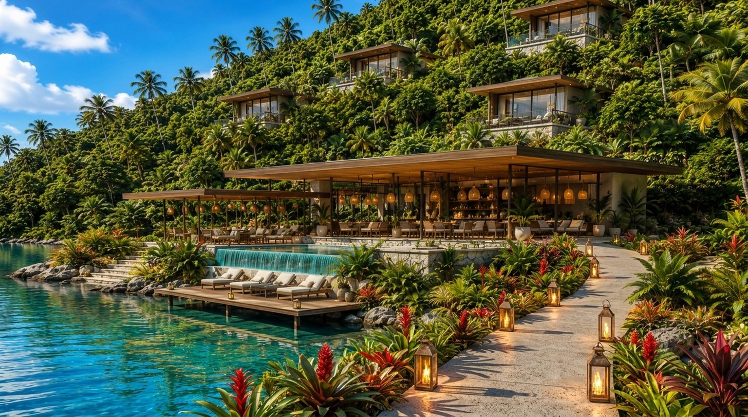 4 Elements Sanctuary in daylight — the open-air clubhouse and infinity pool on the shoreline, jungle bungalows rising through the rainforest above, and the turquoise Caribbean bay in front