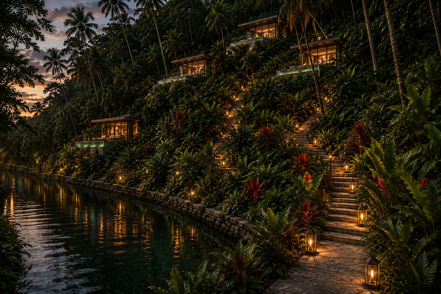 4 Elements Sanctuary at dusk — Terra – Rainforest Bungalows lit and staggered up the rainforest hillside, lantern-lit stone stairs climbing from the canal below