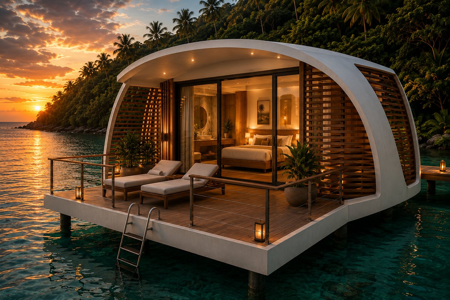 Marea overwater bungalow at sunset — curved white roof, hardwood screens, private deck with loungers and a swim ladder into the turquoise Caribbean