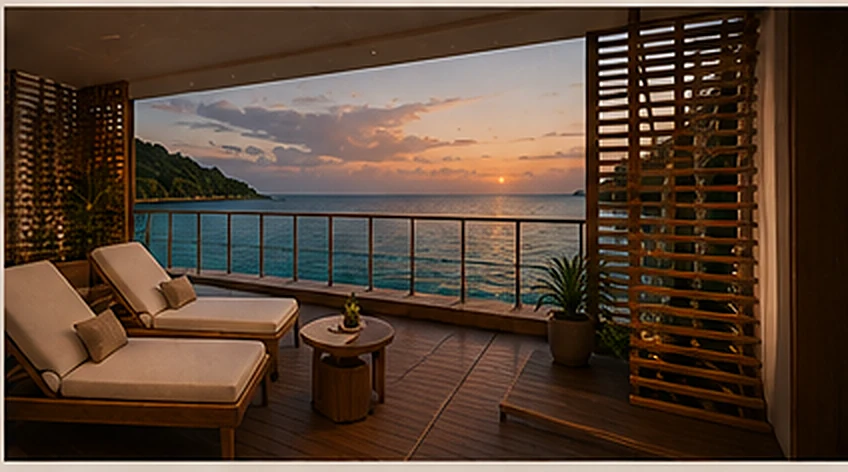 Marea bungalow private deck with loungers looking out over the bay at sunset