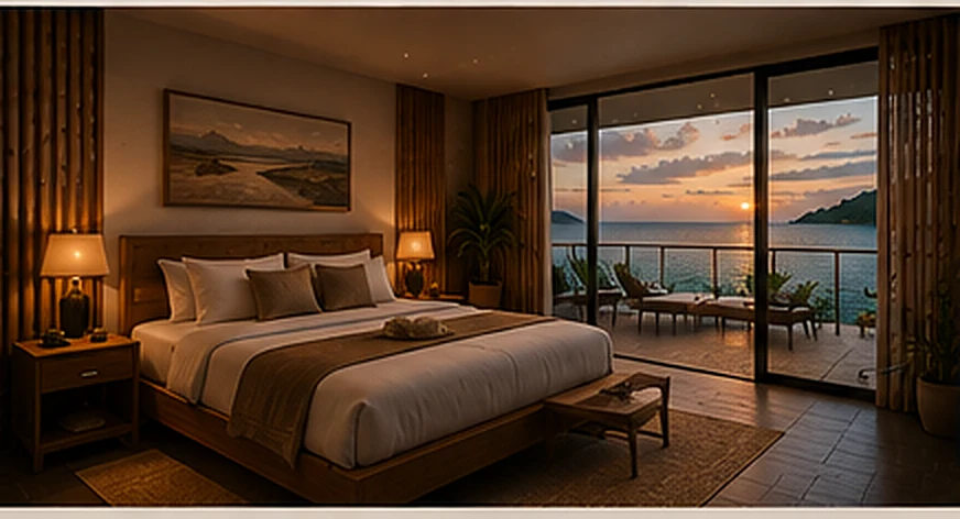 Marea bungalow king suite interior at sunset, sliding glass to the private deck