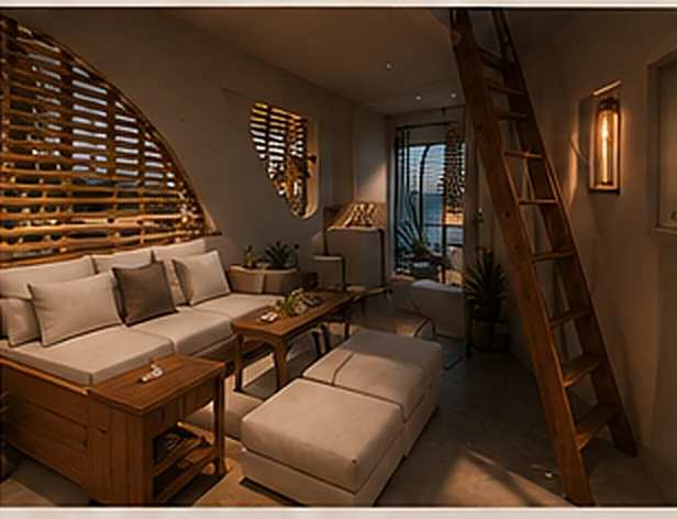 Marea bungalow open-air living area with curved hardwood screen wall and ladder