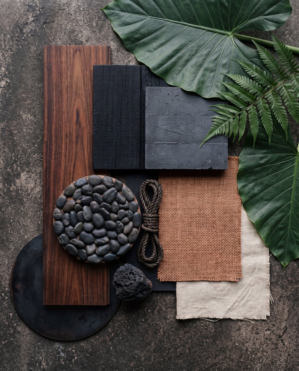 The 4 Elements Sanctuary material palette — Loréal hardwood, charred black timber, board-formed concrete, jute and linen textiles, local river stone and volcanic rock, and native tropical planting