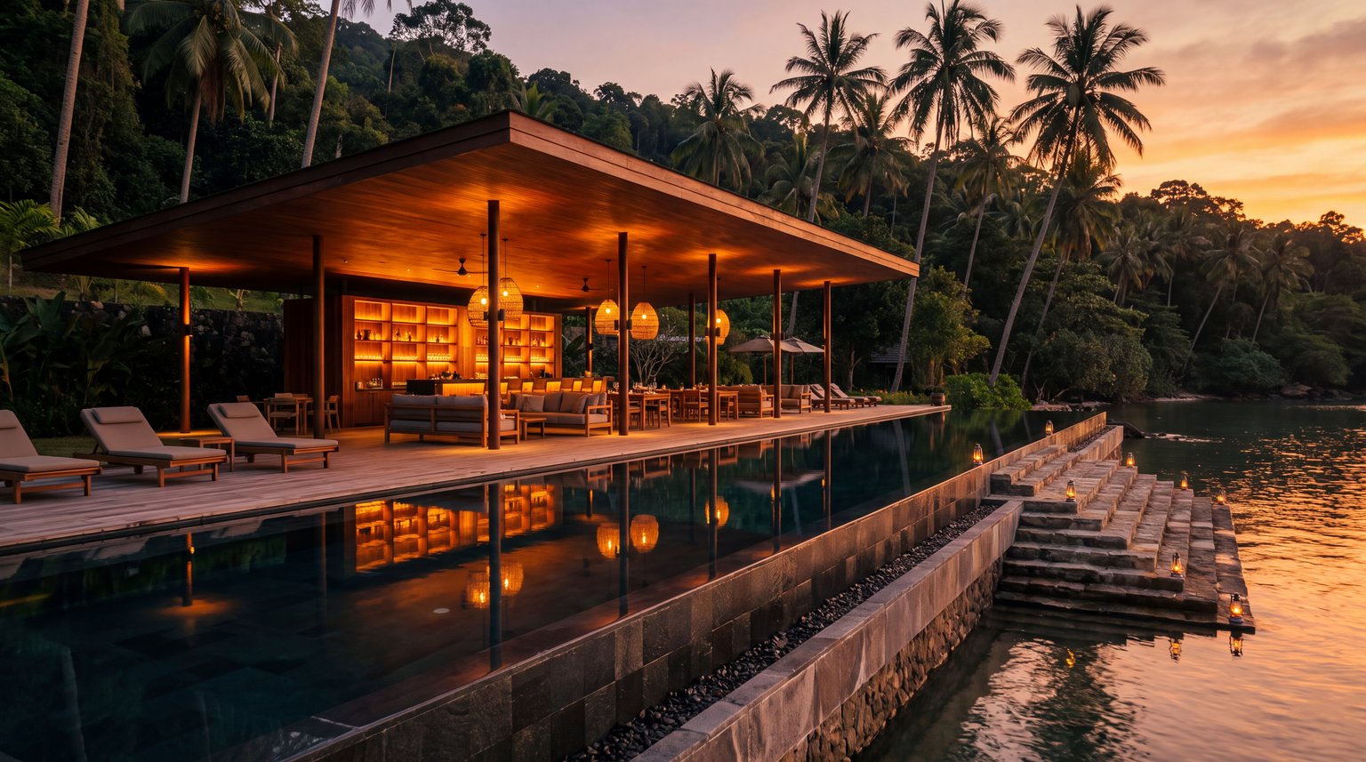 Candela &ndash; Pavilion & Restaurant at golden hour — a single open-air structure under a deep overhanging roof, warm light on the bar and lounge, the infinity pool running its full length, and lantern-lit stone steps down to the water