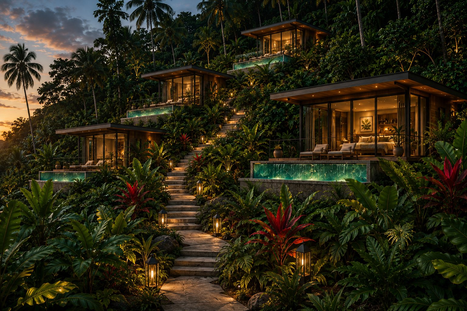 Terra jungle bungalows staggered up the rainforest slope at dusk, each with a lit plunge pool, linked by lantern-lit stone stairs
