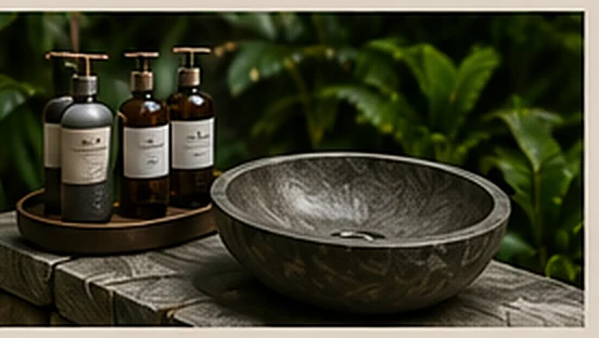 Stone basin and amenity bottles on a stone ledge in tropical planting