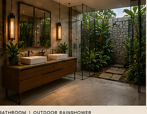 Terra bungalow bathroom opening to a walled outdoor rainshower garden