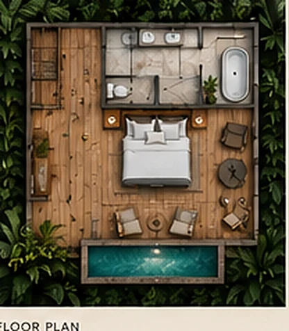Terra bungalow floor plan showing bedroom, bathroom, terrace and plunge pool