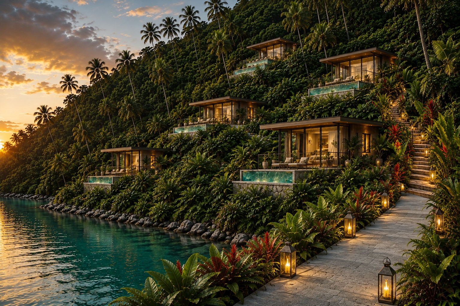 Terra – Rainforest Bungalows staggered up the rainforest hillside at golden hour, each with its own glass-edged plunge pool, above a lantern-lit stone walkway at the water